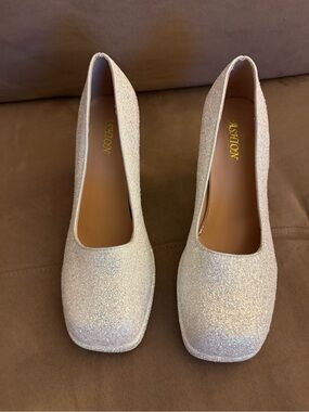 Glitter Block Heel Pumps in Silver